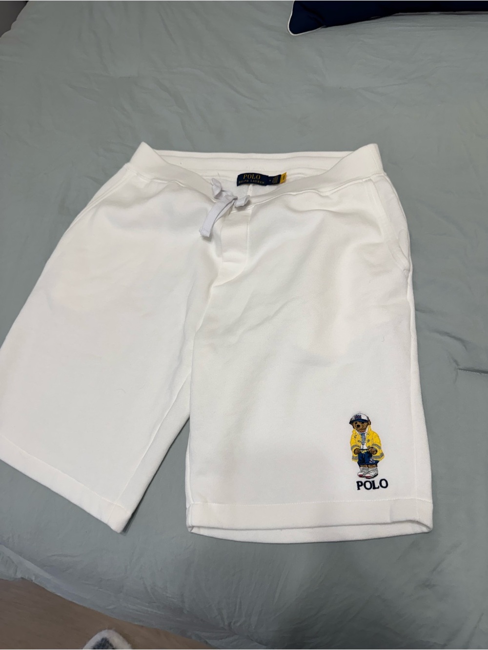 Polo by Ralph Lauren White Drawstring Sweat Shorts with Navy Logo Tag